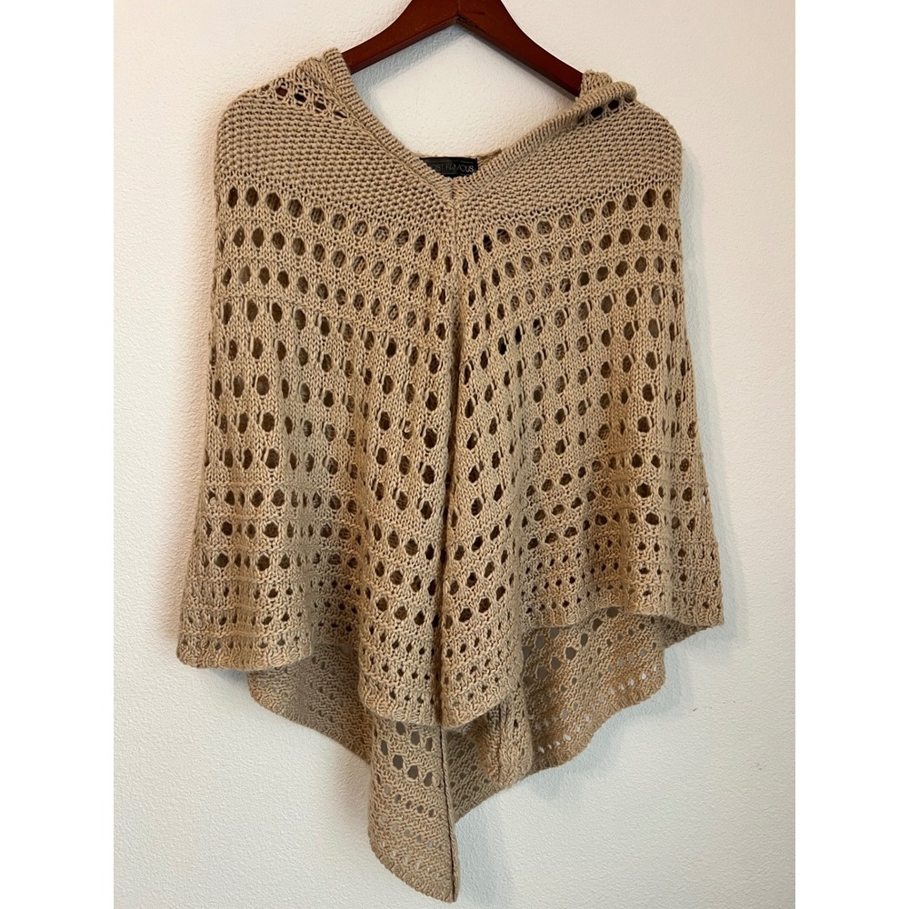 Almost Famous Tan‎ Beige Hooded Pointelle Crochet Knit Poncho Sweater Womens S/M